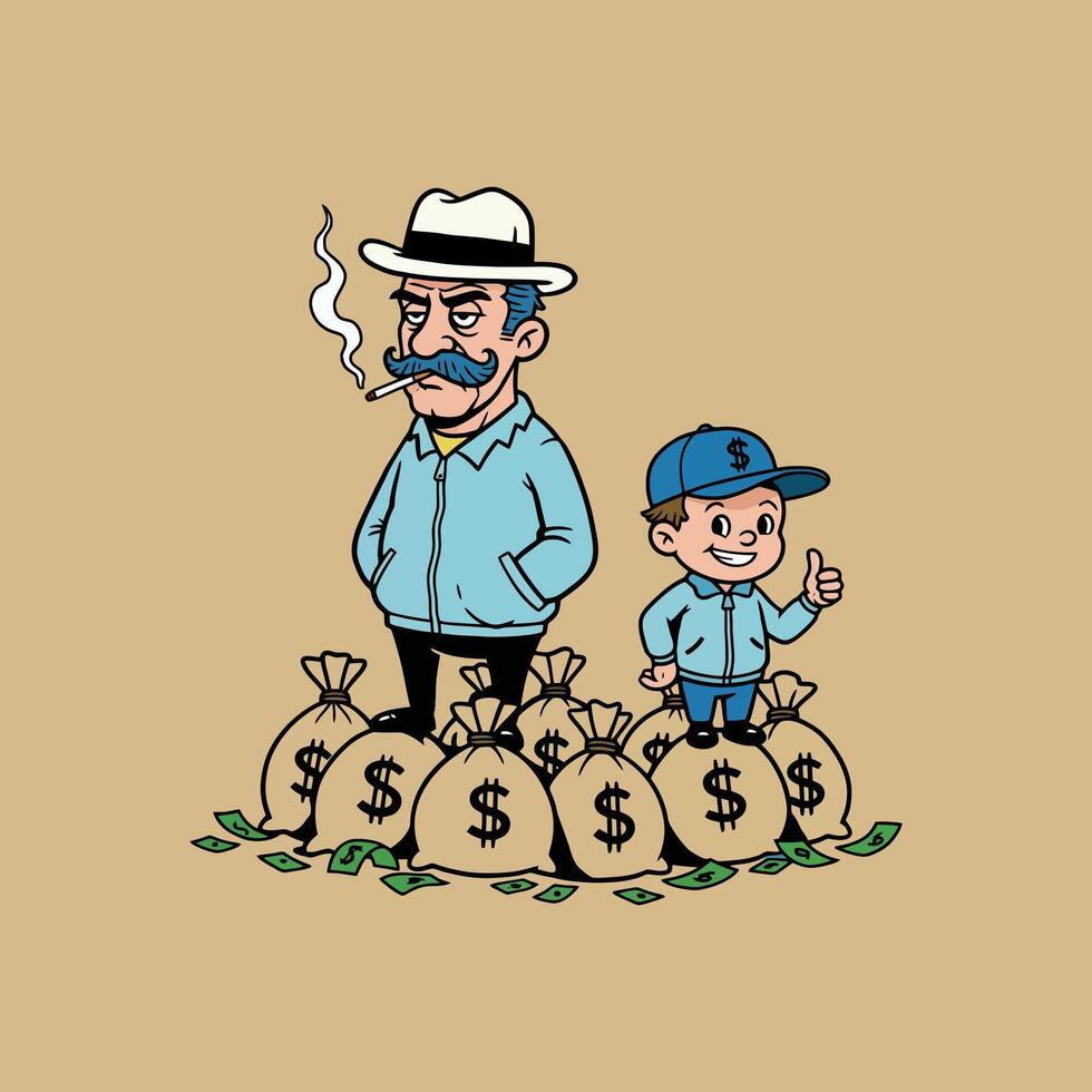 A cartoon depicts a wealthy man and a boy standing on a pile of money bags, suggesting generational wealth. vector