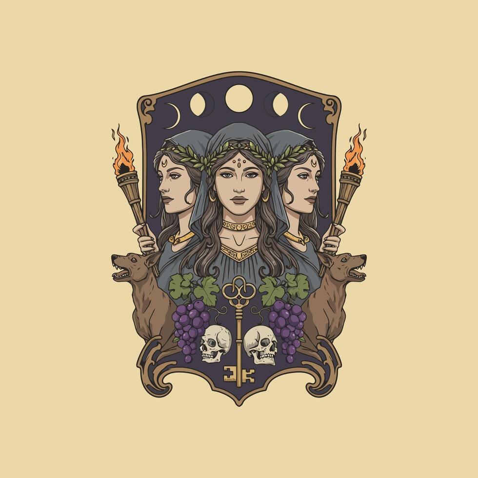An illustration depicts a triple goddess figure, holding torches, flanked by dogs, with grapes and skulls below a key, symbolizing power and mystery. vector