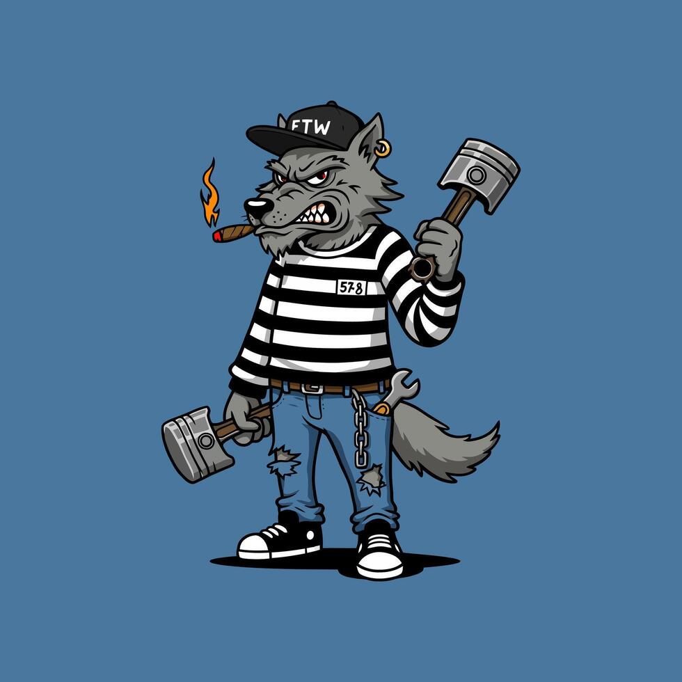 A stylized illustration depicts an angry wolf mechanic character, in prison garb, holding engine pistons. vector