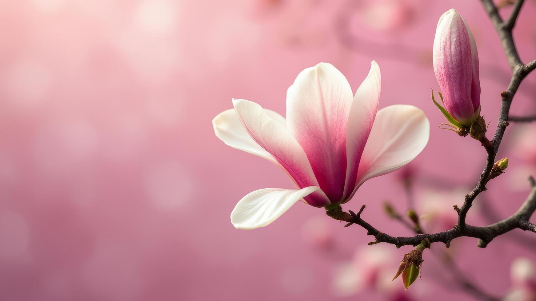 Magnolia flower on a branch with soft pink background for nature concept. photo
