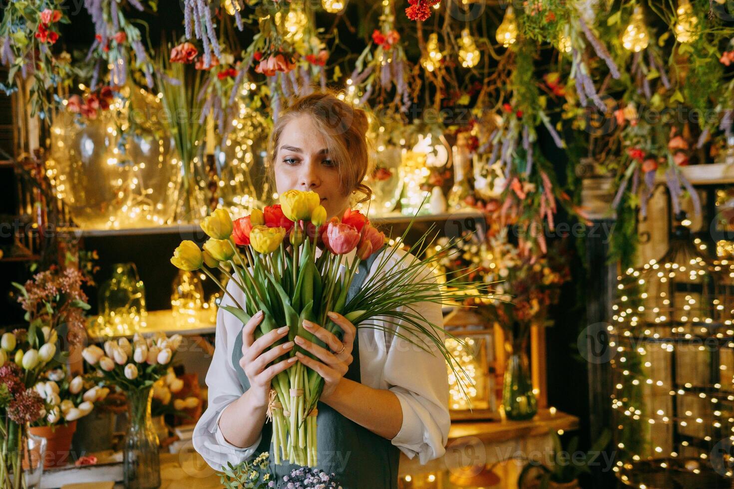 A woman in her florist shop collects bouquets of flowers. The concept of a small business. Bouquets of tulips for the holiday on March 8 photo