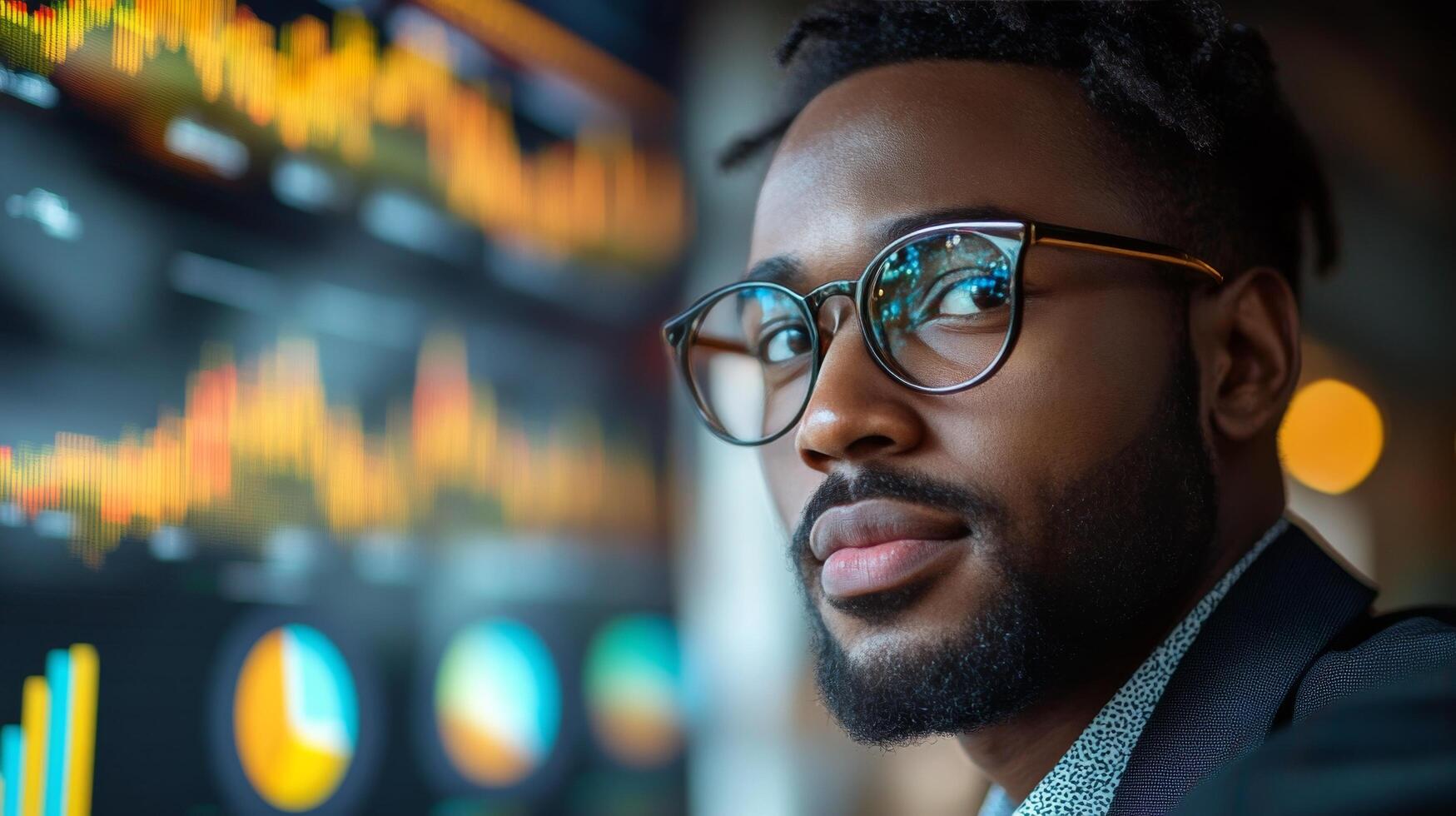 Professional man analyzing financial data and trends in a modern office environment photo
