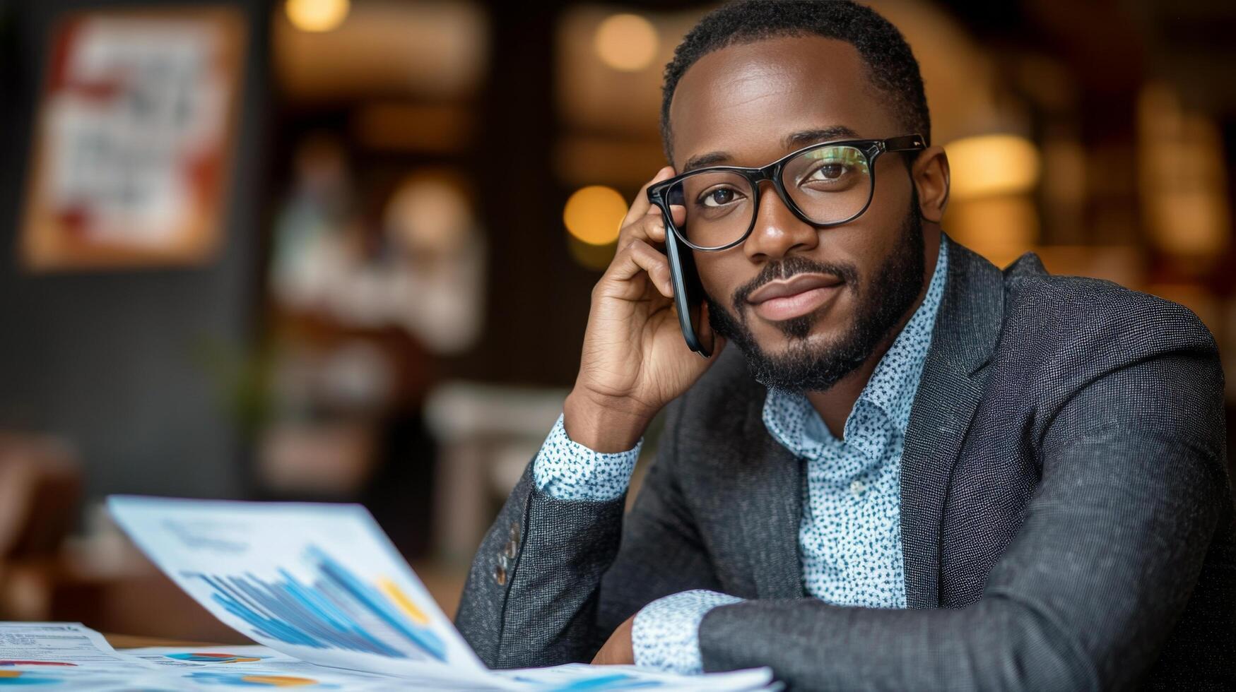 Young professional engaged in business discussion at a coffee shop while reviewing financial documents photo
