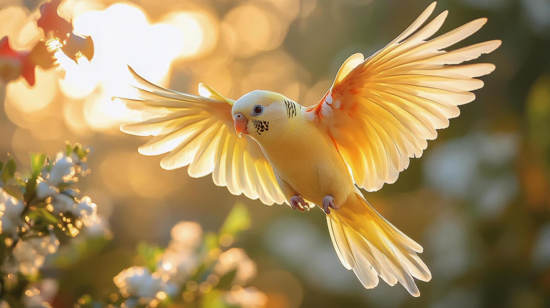 Sunlit room with bird flying among houseplants at dawn photo