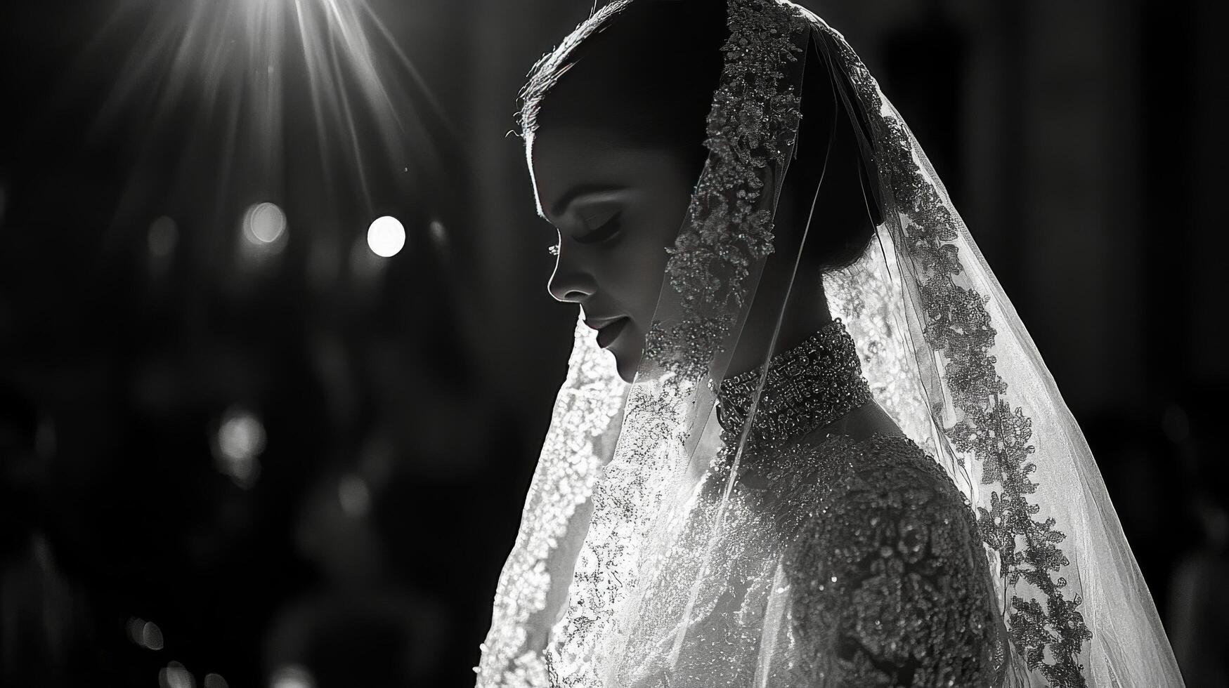 Bride in elegant veil captured during wedding ceremony with soft lighting in a serene atmosphere photo