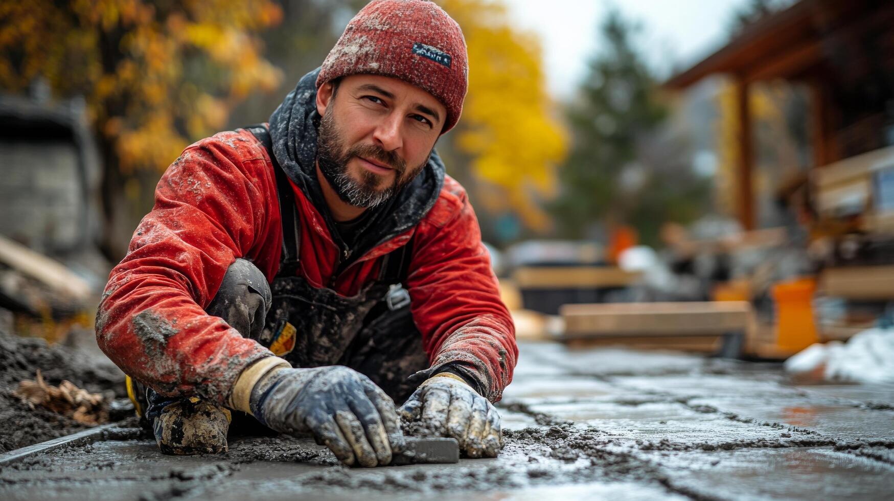 Workers boots in muddy reflection on construction site during drizzly weather photo