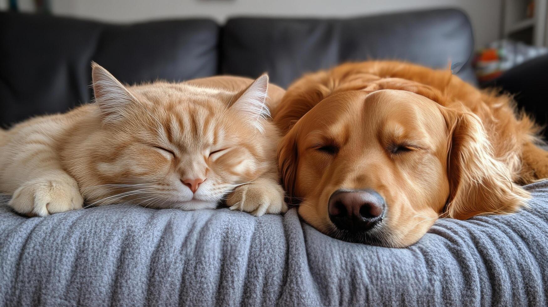 Cats and dogs peacefully sleeping together on a cozy blanket photo