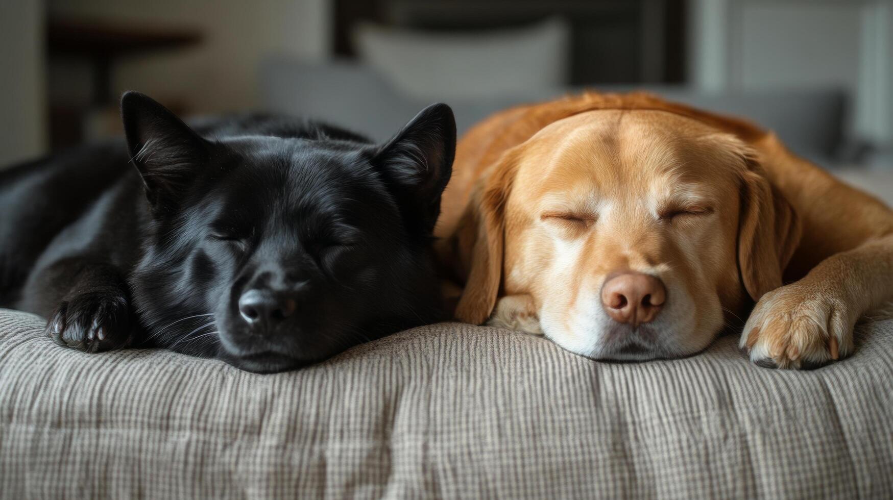 Two dogs resting together on a gray blanket in a cozy indoor setting photo