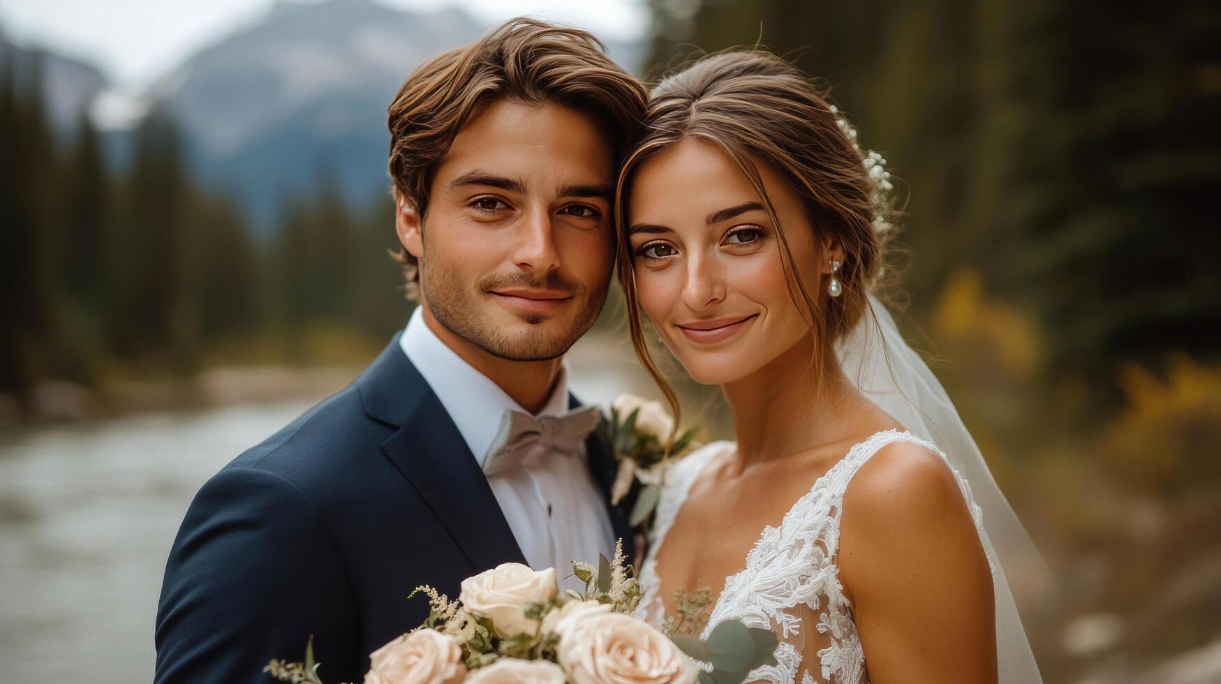 Scenic outdoor wedding ceremony with stunning mountain backdrop and vibrant floral arrangements photo