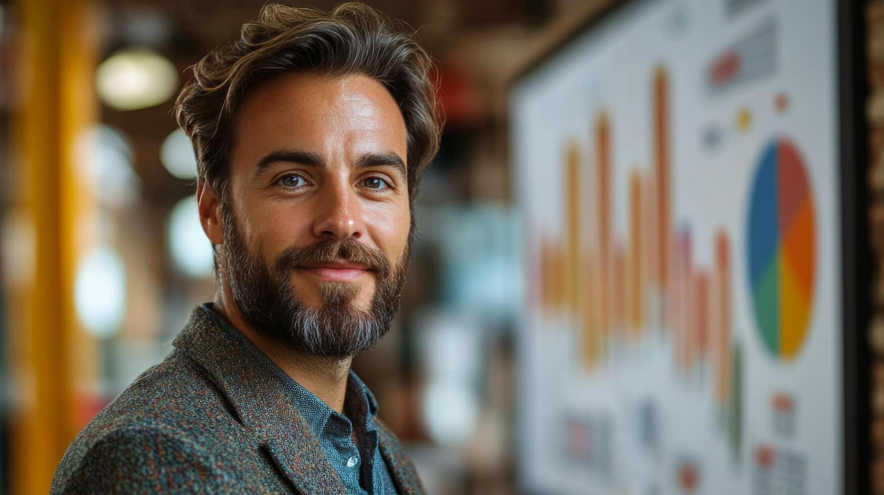 Creative professional in a mustard blazer smiling while working at a desk in a modern workspace photo