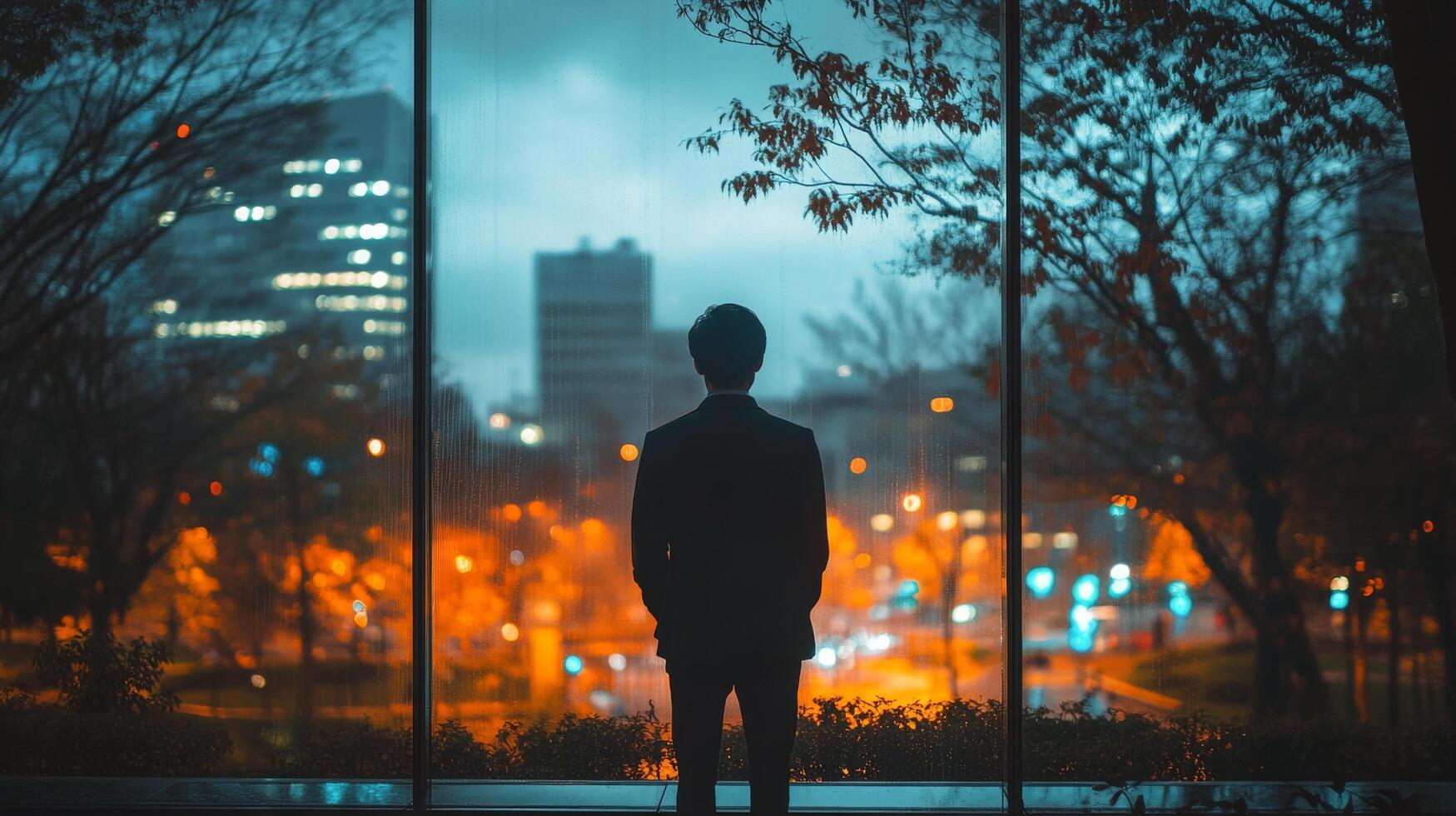 Confident man in a formal outfit standing by a window in an office setting photo