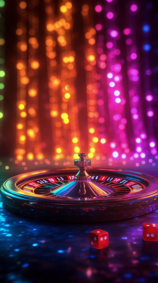 Captivating roulette wheel spins with vibrant colors and dice mid-air in an energetic casino setting photo