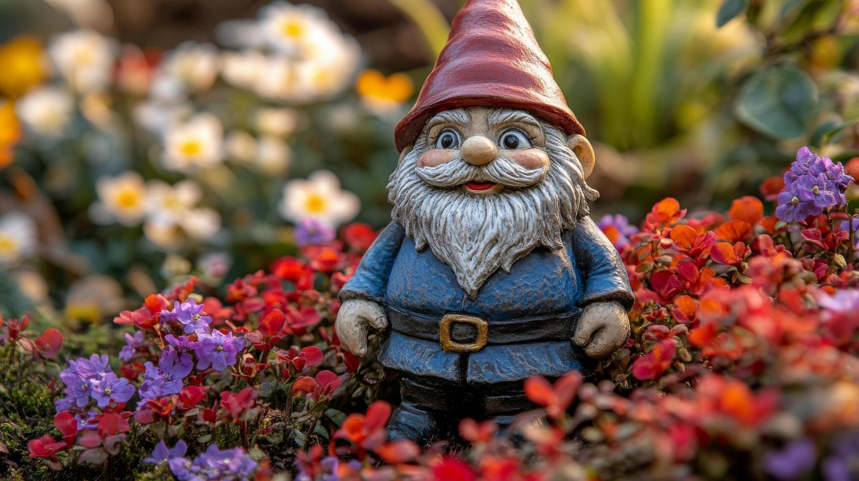Garden gnome standing among vibrant flowers in a lush outdoor setting during daytime photo