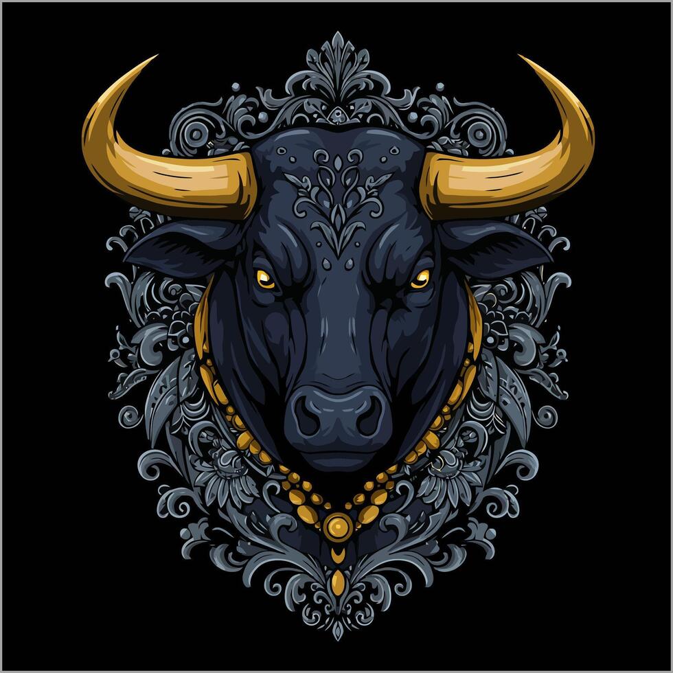 A stylized black bull head is prominently featured, embellished with gold accents and a detailed floral frame, creating a majestic and powerful image. vector