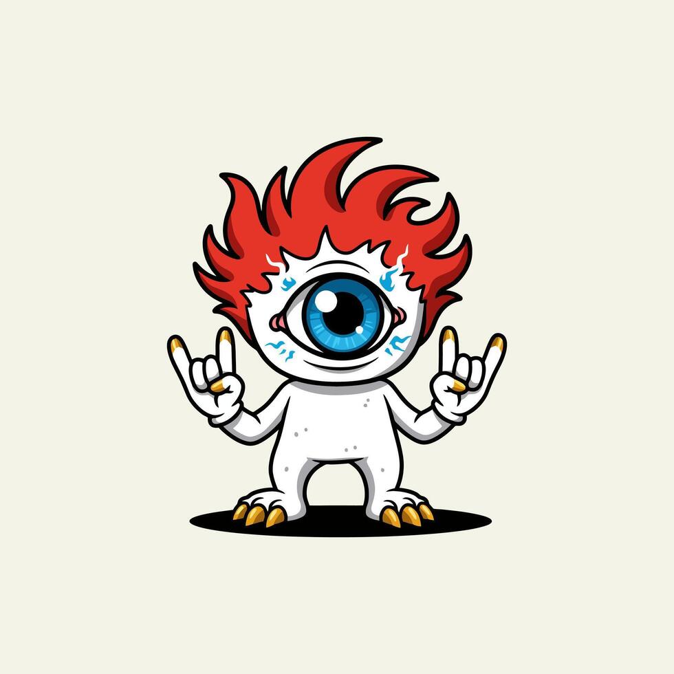 A cute one-eyed monster with fiery red hair makes the rock-and-roll hand gesture. vector