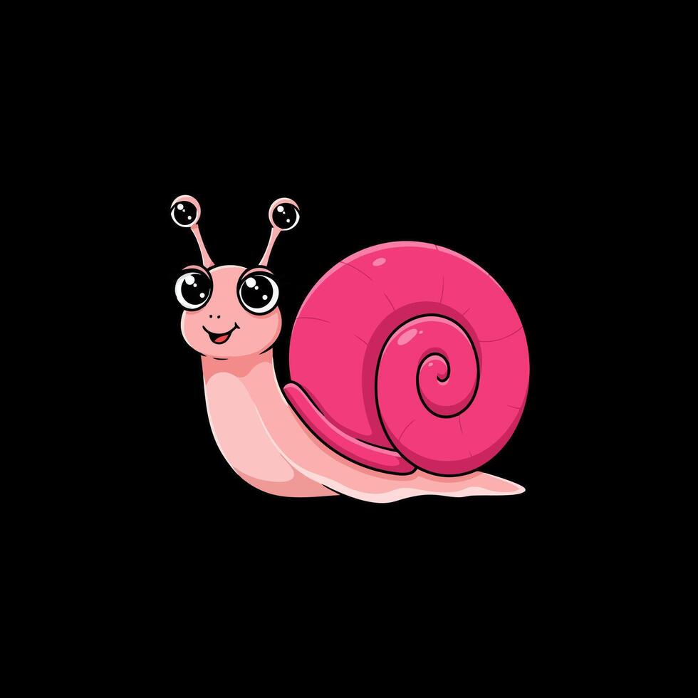 A pink cartoon snail with large eyes and a happy expression is presented against a black background. vector