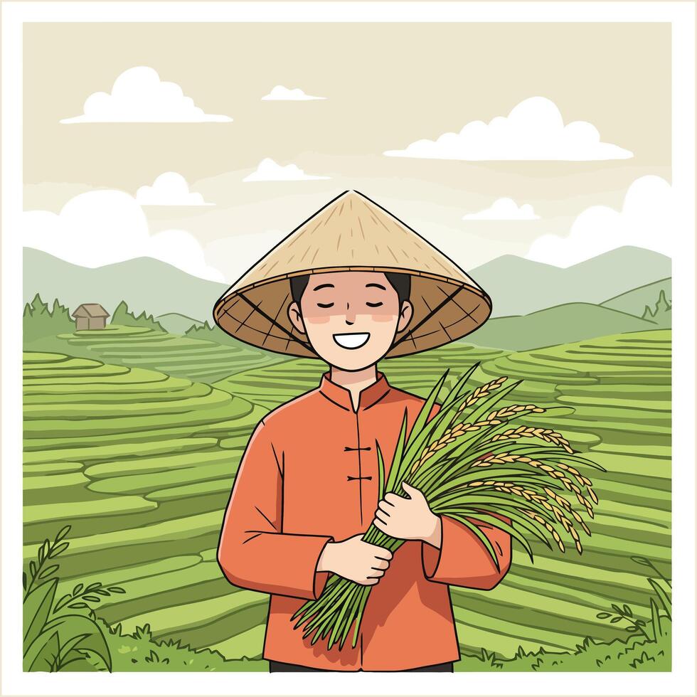 A smiling Asian farmer in traditional clothing holds a bundle of rice in beautiful rice paddies. vector