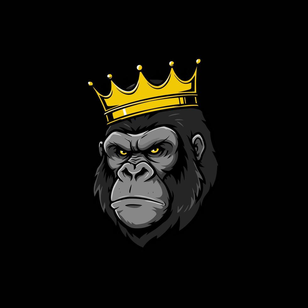 A stylized illustration depicts a gorilla head wearing a golden crown symbolizing power and royalty. vector