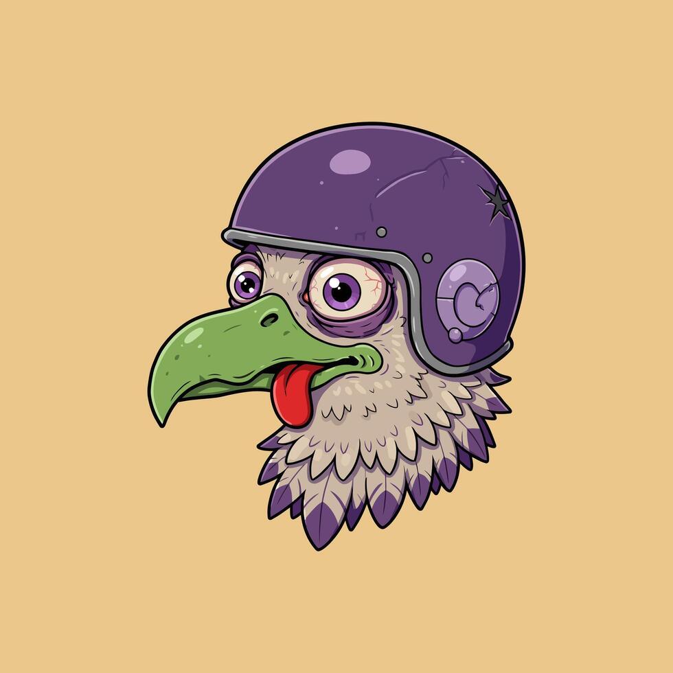 A stylized cartoon illustration depicts a vultures head wearing a damaged purple helmet with a quirky expression. vector