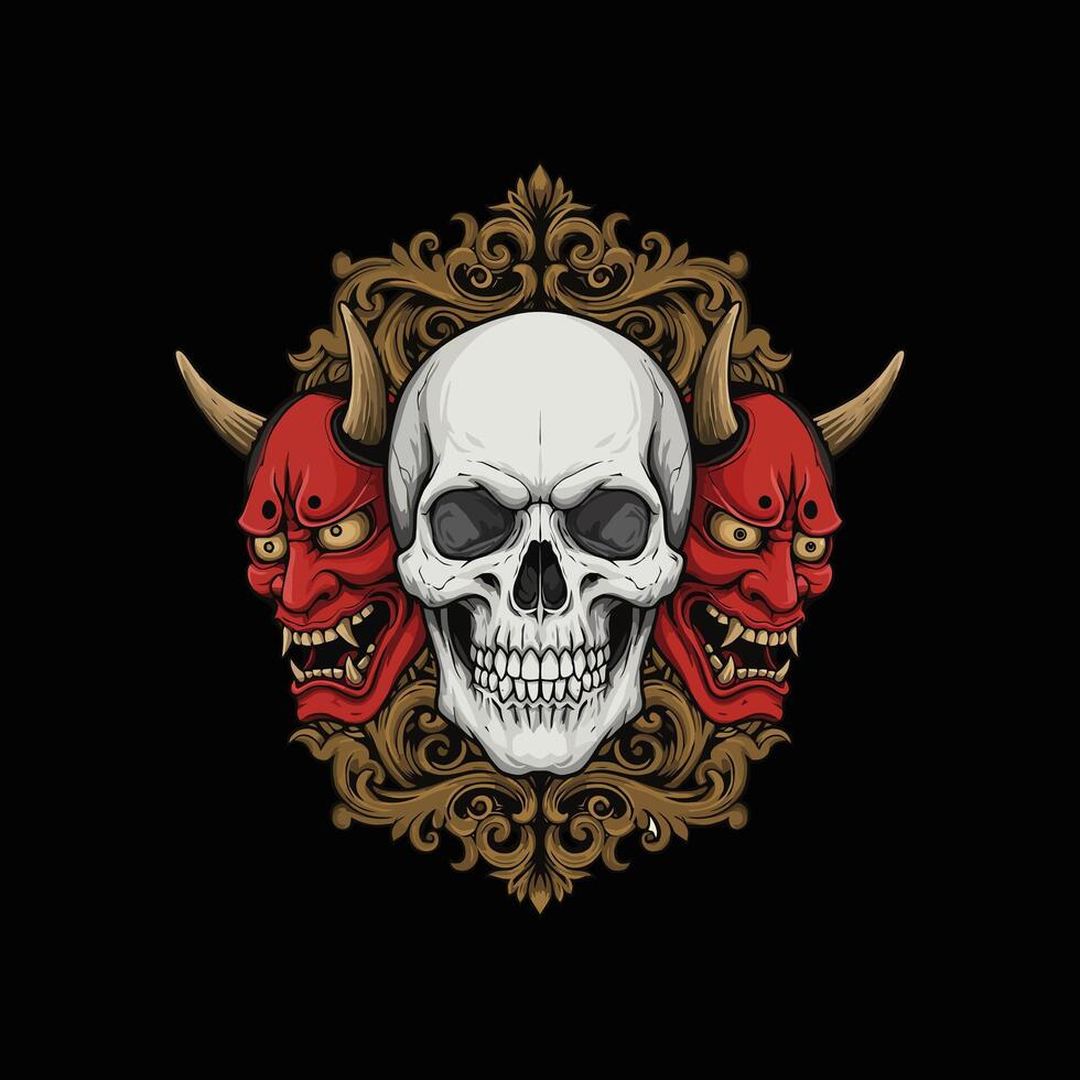 A human skull is centrally positioned flanked by two red oni masks within an ornate golden frame. vector