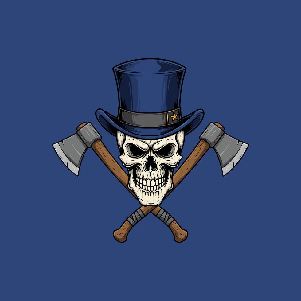 A skull wearing a top hat is depicted between two crossed axes in a vintage style graphic design. vector
