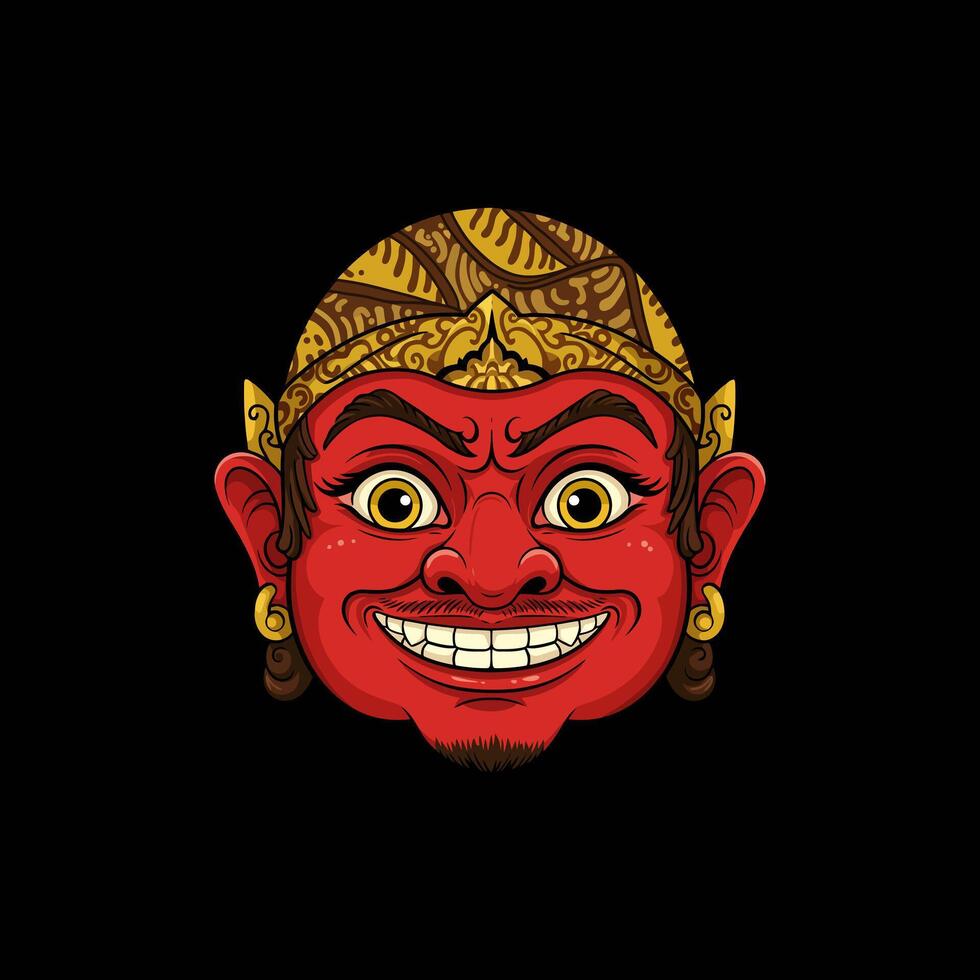 This image showcases a stylized illustration of a red-faced mask with elaborate gold headwear typical of Indonesian traditional art. vector
