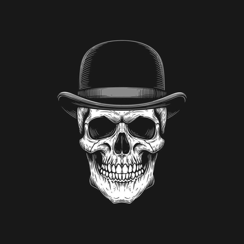 A detailed illustration of a human skull wearing a classic bowler hat against a dark background. vector