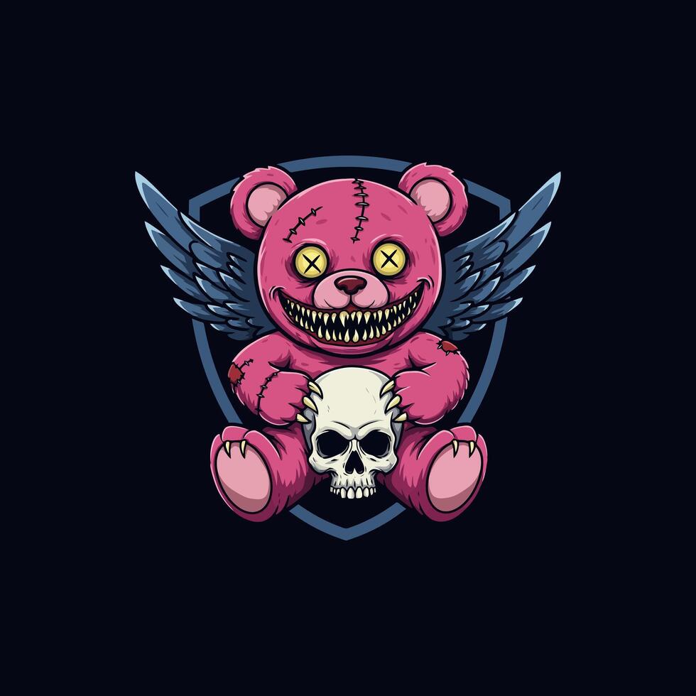 A menacing pink teddy bear with wings holds a skull a dark illustration. vector