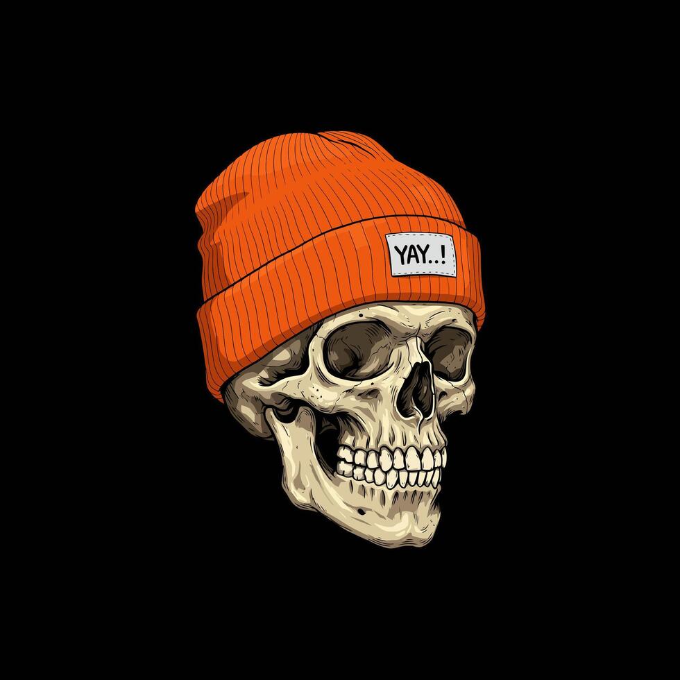 A detailed illustration of a human skull wearing a bright orange knitted beanie with a small yay tag. vector