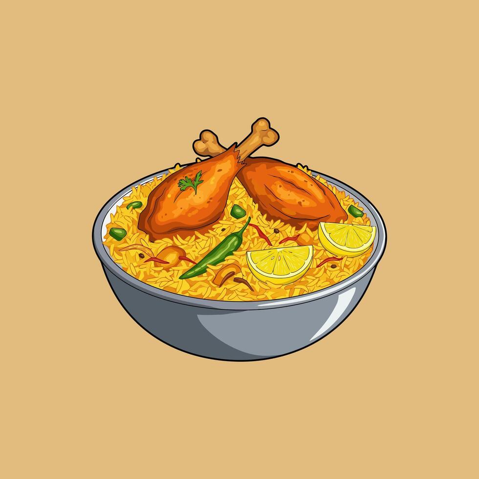 A bowl of chicken biryani with lemon wedges and green chilies is illustrated in a cartoon style. vector