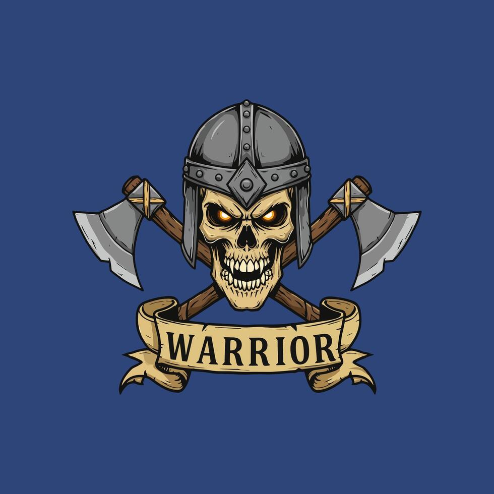 A fierce skull wearing a helmet is depicted with crossed axes below a banner reading warrior. vector