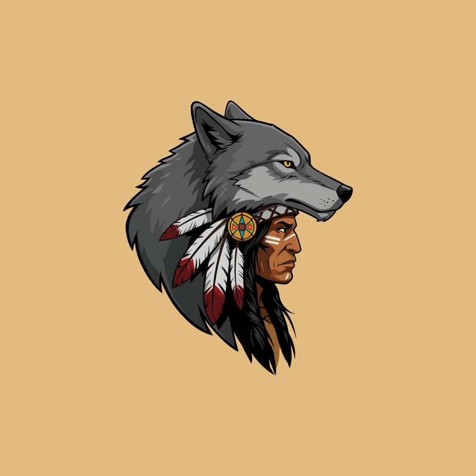 A profile illustration of a Native American man wearing a wolf headdress adorned with feathers. vector