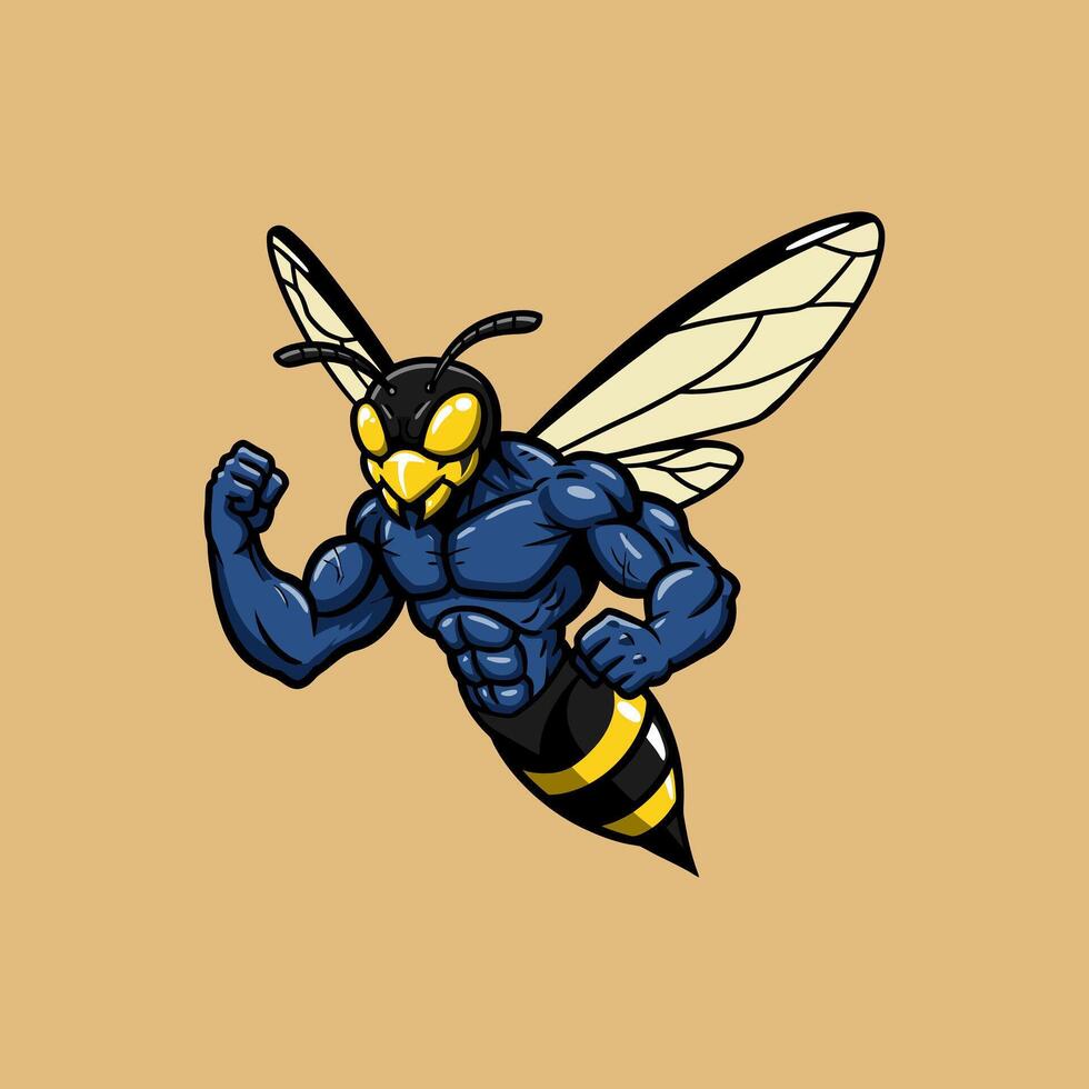A powerful cartoon illustration depicts a muscular wasp in flight showcasing its strength and fitness. vector