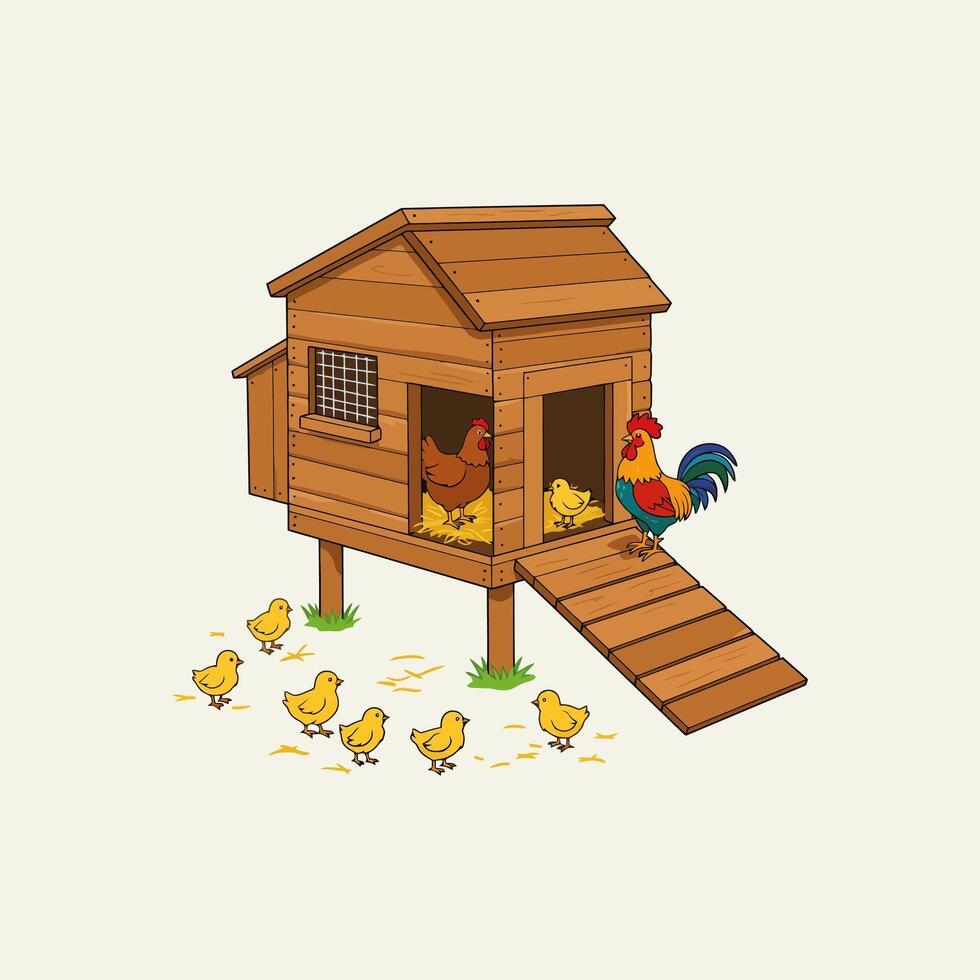 A cartoon illustration of a wooden chicken coop with a hen, rooster, and several baby chicks. vector