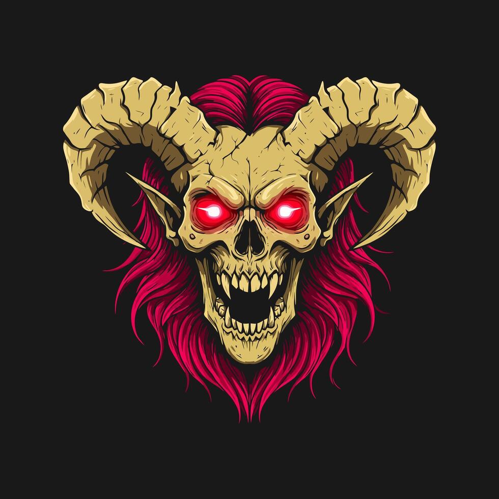 A fierce demonic skull with large horns and vibrant red hair is depicted with glowing red eyes. vector