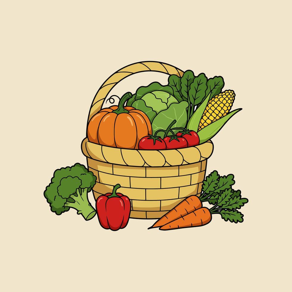 A cartoon illustration shows a woven basket overflowing with a variety of colorful autumn vegetables. vector