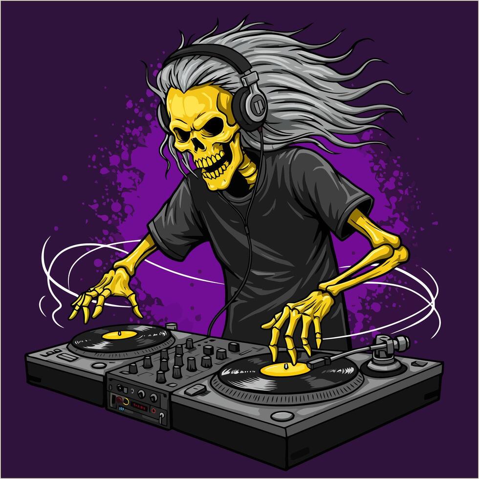 A stylized illustration of a skeleton DJ with long grey hair wearing headphones and mixing music on a turntable. vector