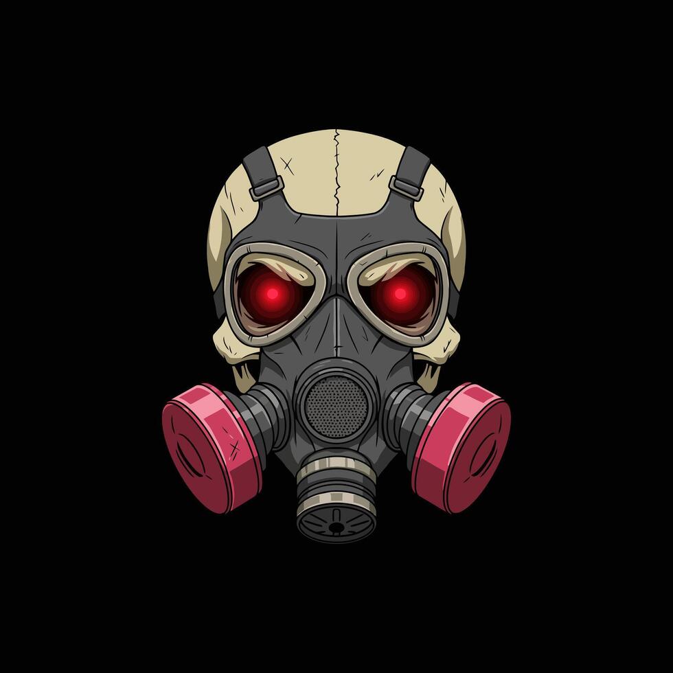 A stylized illustration depicts a skull wearing a gas mask with glowing red eyes against a black background. vector