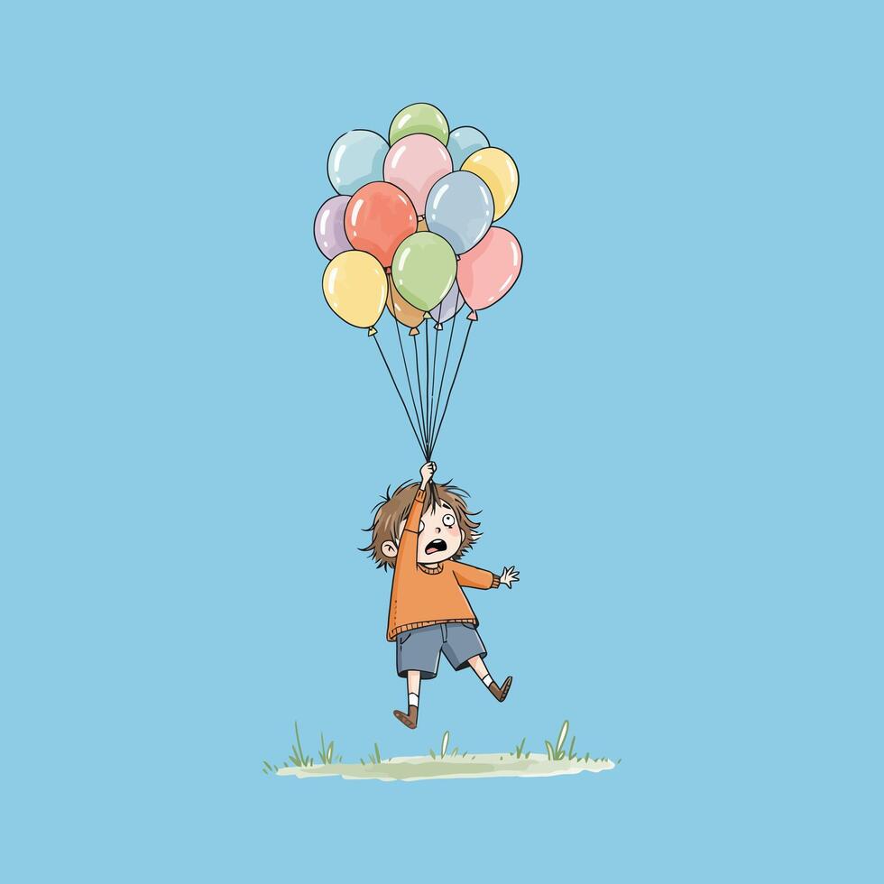 A young boy is lifted into the air by a bunch of colorful balloons against a light blue sky. vector