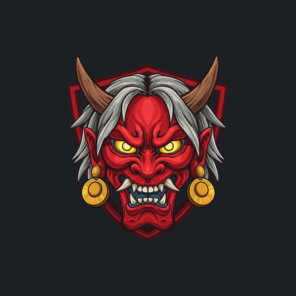 A stylized illustration of a red oni mask with horns, sharp teeth, and gold earrings set against a dark background within a shield shape. vector