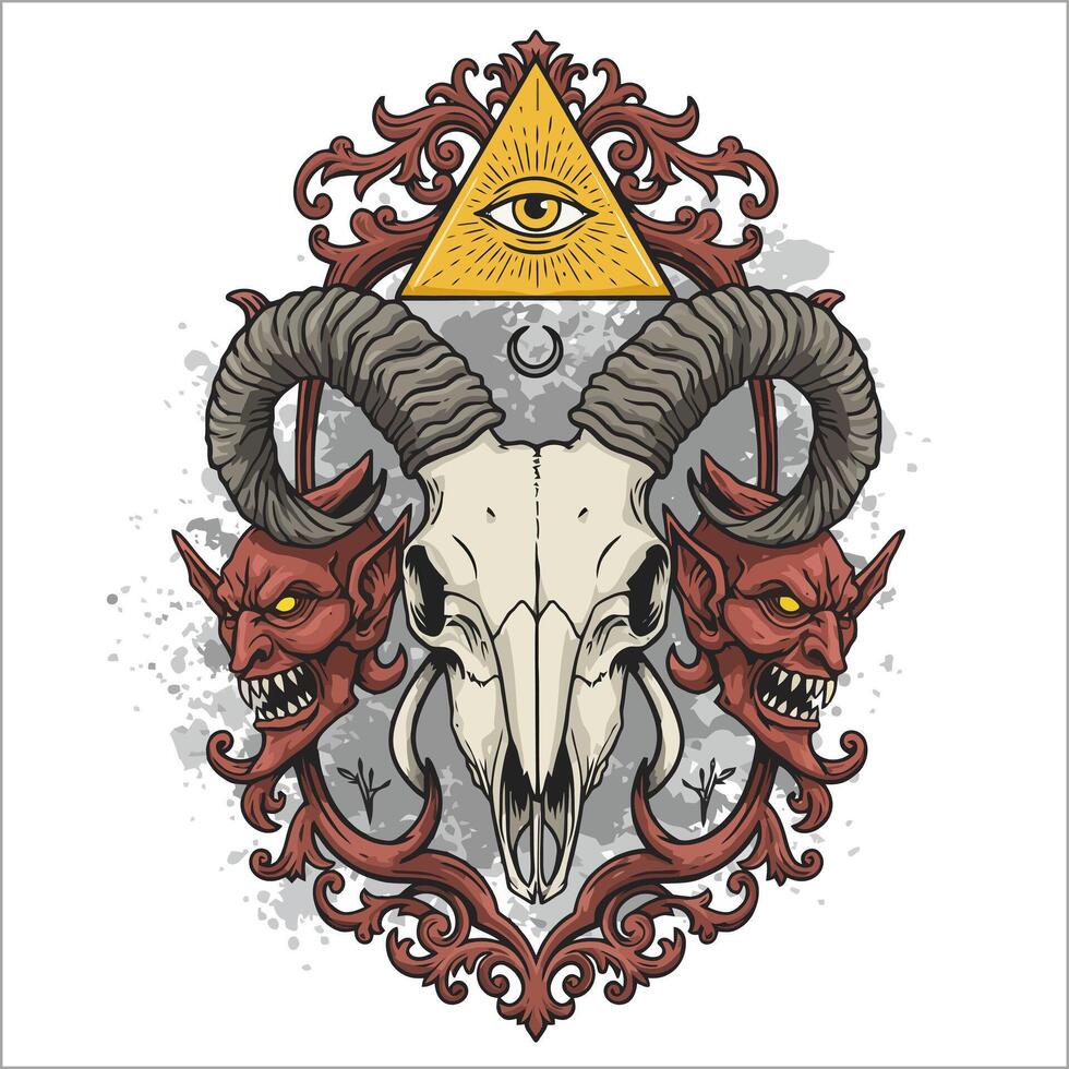 A ram skull is centrally positioned within an ornate frame flanked by two demonic heads, all overlaid with an Illuminati-style symbol. vector