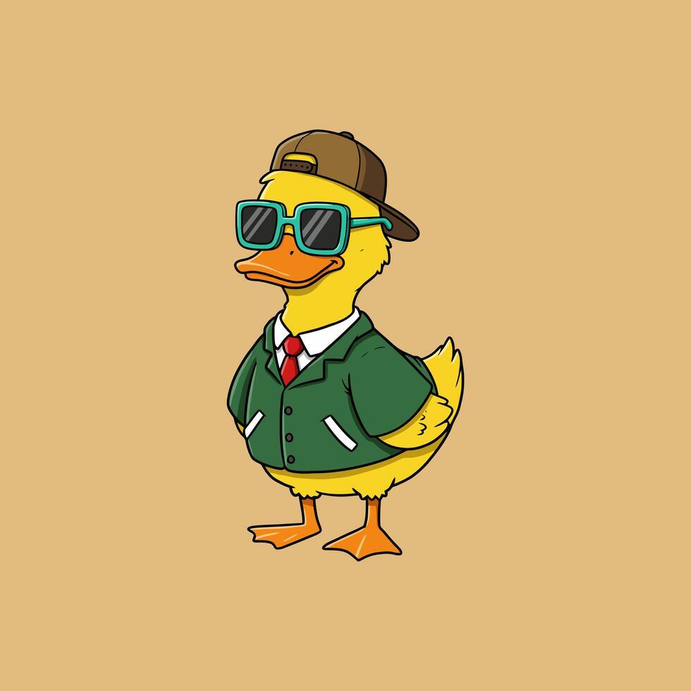 A cartoon illustration of a fashionable yellow duck wearing sunglasses, a green jacket, and a brown cap. vector