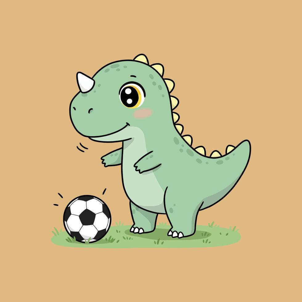 A cute cartoon dinosaur with a horn is happily playing with a soccer ball on a patch of green grass. vector