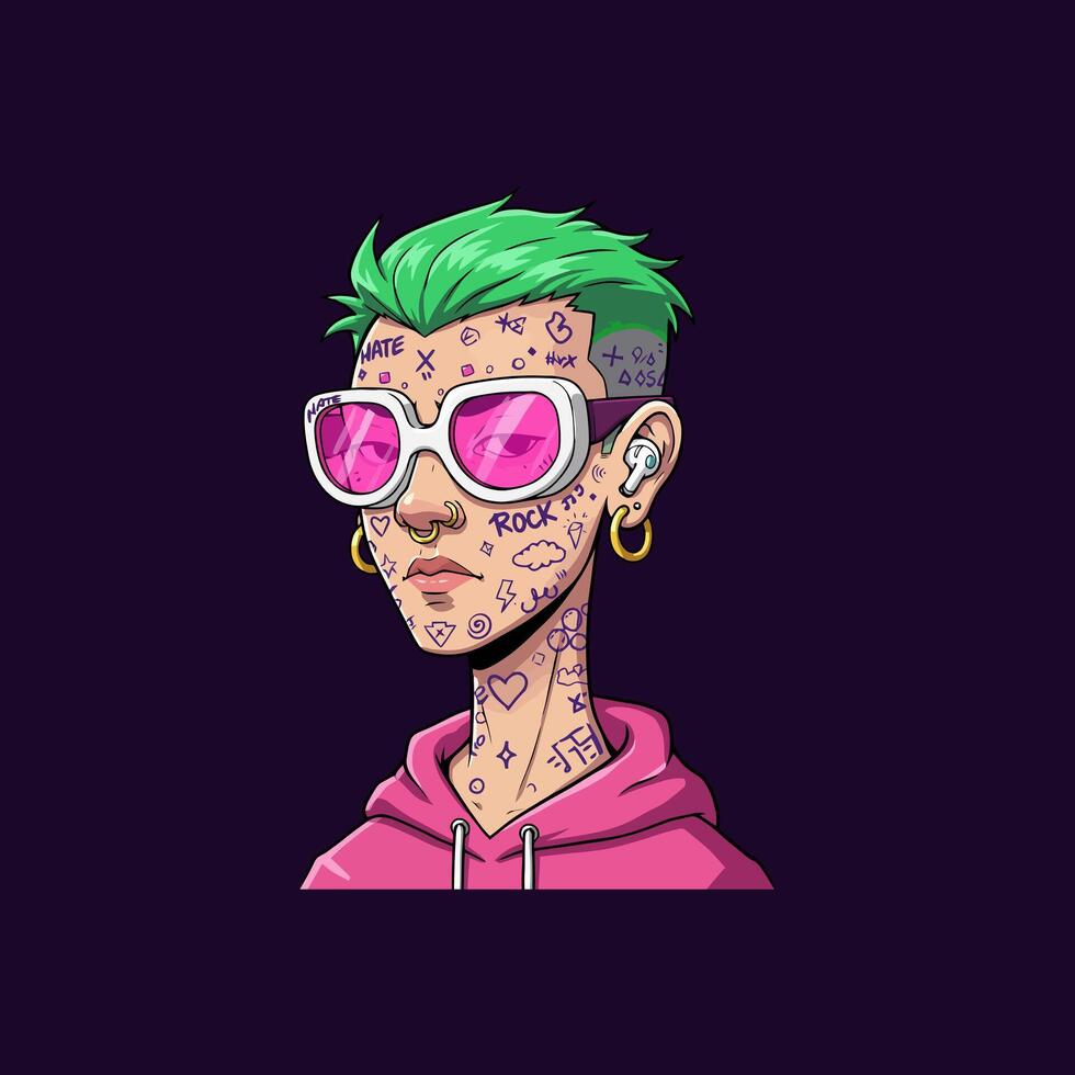 A stylized illustration of a trendy young woman with green hair numerous tattoos and pink accessories. vector