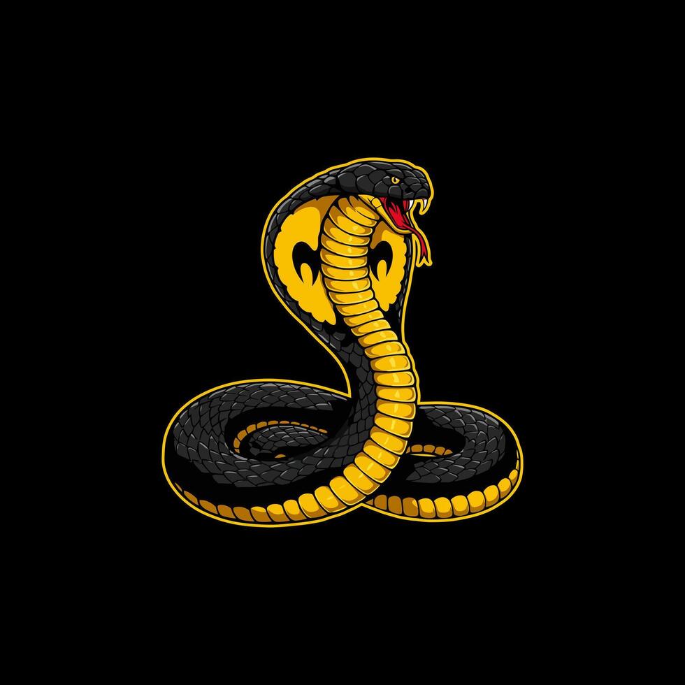 The image showcases a stylized illustration of a black and gold cobra in an aggressive pose. vector