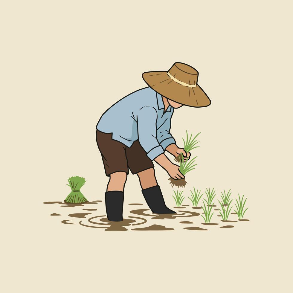 A farmer wearing a straw hat plants rice seedlings in a flooded paddy field. vector