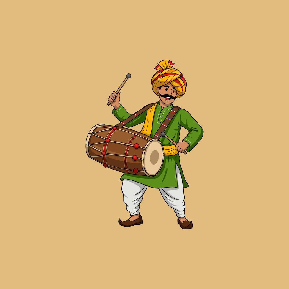 The illustration depicts a happy man in traditional Indian attire playing a dhol drum, showcasing cultural music. vector