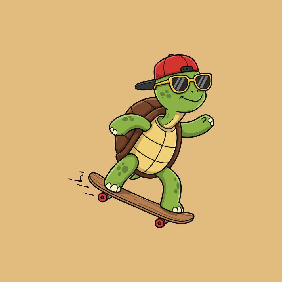 A cartoon turtle wearing sunglasses and a cap skateboards across a beige background. vector