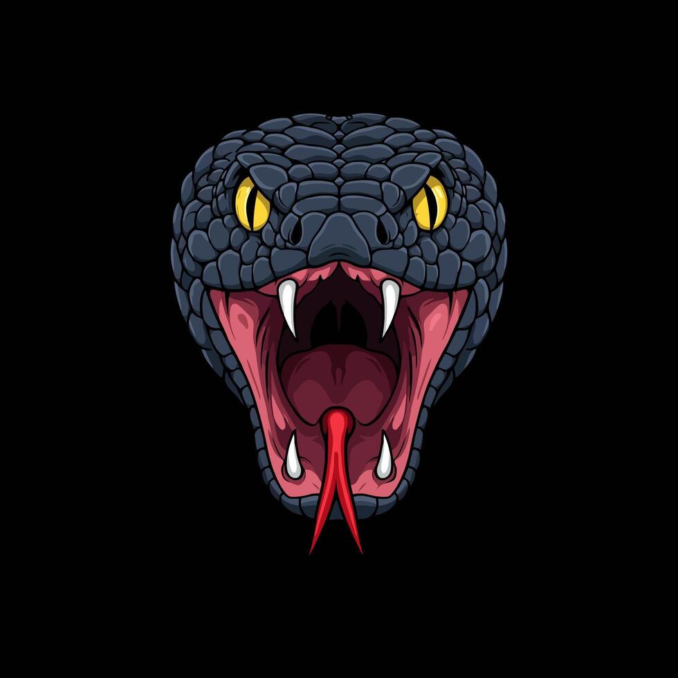 A detailed illustration depicts the head of a venomous snake with its mouth open revealing sharp fangs and a forked tongue. vector