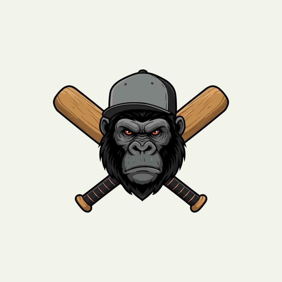 A fierce gorilla wearing a baseball cap is depicted between two crossed baseball bats. vector